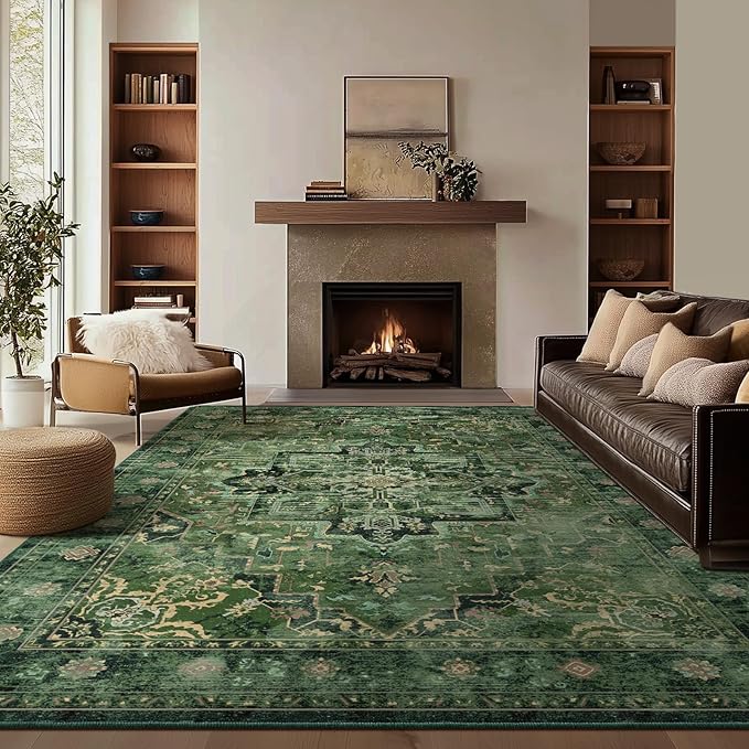 Tranditional Dark Green 8x10 Rugs for Living Room Bedroom, Washable Non Slip Low Pile Thin Dining Room Rugs for Under Table, Distressed Medallion Pattern Printed Soft Carpet for Guest Room