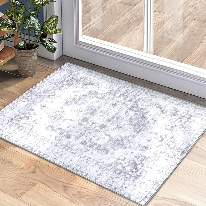 COMSLE Washable Door Mat, Front Door Mat Indoor Faux Wool Absorbent Small Rugs for Entryway Distressed Throw Rug Non-Slip Accent Floor Carpet for Entrance Bedroom, 24X36 Inches Gray