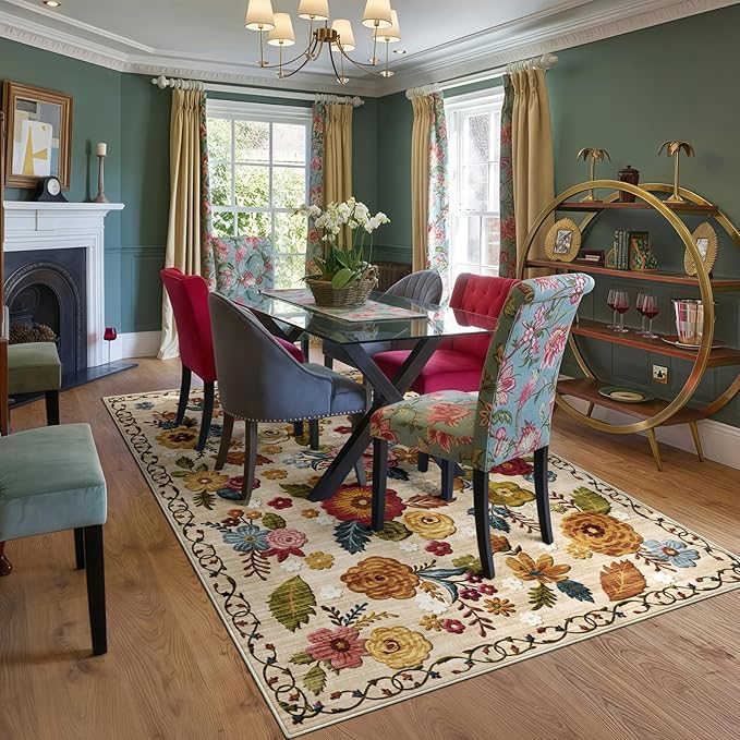 5x8 Machine Washable Area Rug for Living Room, Beige Vintage Boho Floral Rug Large Non-Slip Low Pile Soft Faux Wool Carpet, Kids and Pets Friendly for Bedroom Dining Room Farmhouse Home Decor Rug