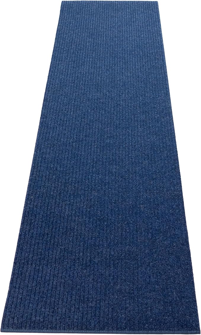 English Home Custom Size Non Slip Striped Design Durable PVC Non Slip Backing Tough Pile Runner Rug for Hallway, Outdoor, Indoor, Commercial, Residential, Pool, Office (Dark Blue, 26" x 08')