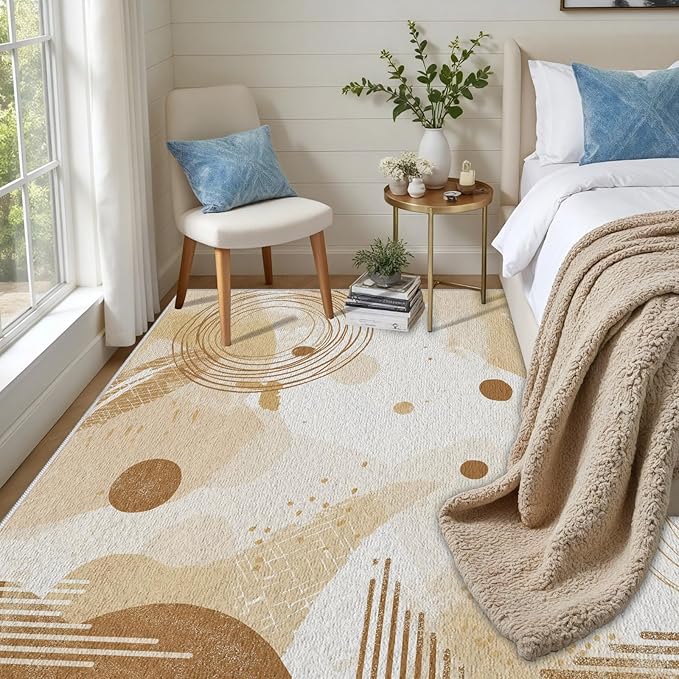 Minimalist Abstract Area Rug 3x4 Beige Boho, Modern Washable Geometric Art Carpet, Soft Non-Slip Low-Pile Carpet for Living Room, Bedroom, Kitchen, Dining Room, Pet Friendly, Non-Shedding, Brown