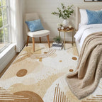 Minimalist Abstract Area Rug 5x8 Beige Boho, Modern Washable Geometric Art Carpet, Soft Non-Slip Low-Pile Carpet for Living Room, Bedroom, Kitchen, Dining Room, Pet Friendly, Non-Shedding, Brown