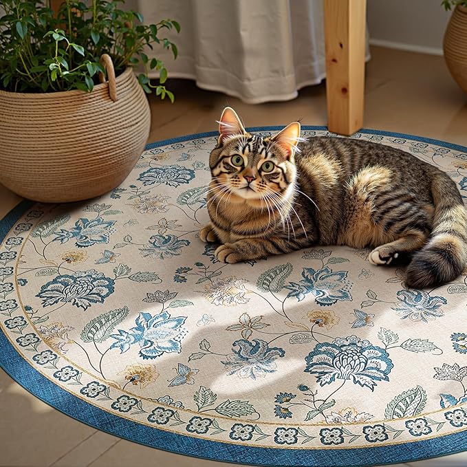 jinchan Elora 5ft Floral Round Rug for Entryway Washable Kitchen Rug Vintage Romance Design Non Slip Indoor Doormat Lightweight Low-Profile Throw Carpet for Living Room Dining Room Bedroom, Blue/Beige