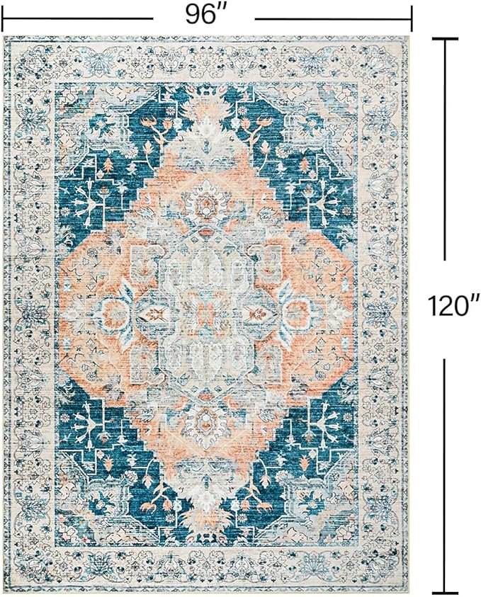 YJ.GWL Area Rugs for Living Room 8x10 Machine Washable Rugs, Non Slip Floral Vintage Rug Indoor Carpet, Stain Resistant Large Rug for Bedroom Dining Room, Dark Blue