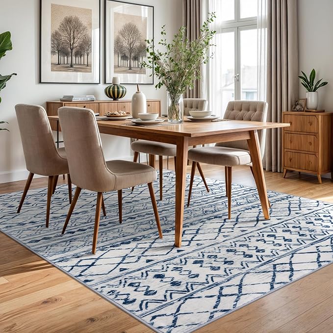 KUTA Area Rug 5x7, Moroccan Large Blue White Rugs Washable Boho Non-Slip, Ultra Soft Geometric Traditional Farmhouse Carpet for Living Room Dining Room Bedroom Dorm Office Home Décor