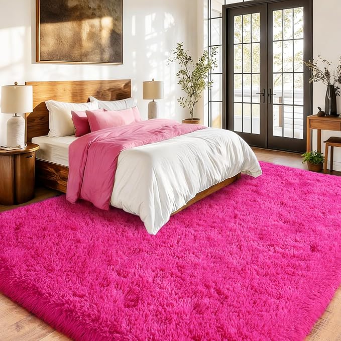 Large Fuzzy Rug 8x10 Feet Hot Pink Fluffy Rug for Living Room, Big Plush Non-Skid Shag Carpet, Soft Shaggy Rugs for Bedroom Indoor Modern Home Decor