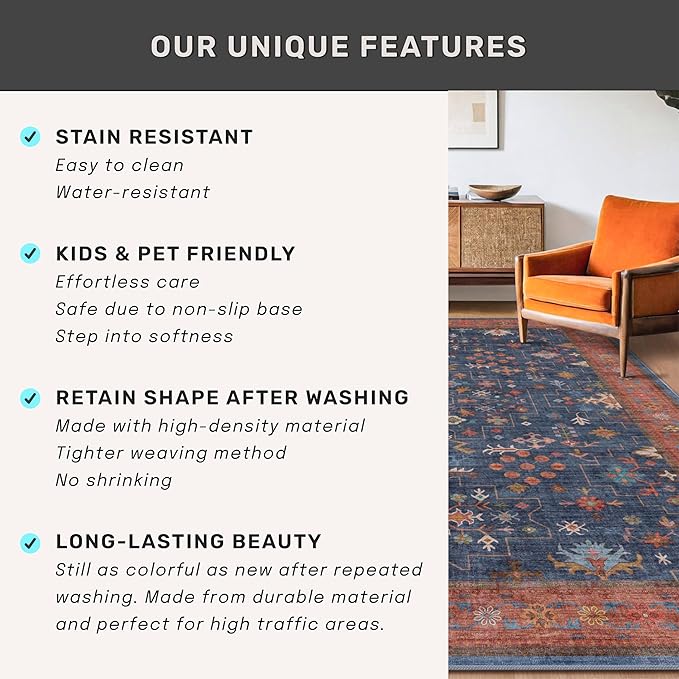 Dining Room Rugs for Under Table - 6x8 Washable Area Rug for Living Room, Low Pile Non-Slip Rugs for Bedroom - Navy Blue & Terracotta Vintage Boho Eclectic Home Decor