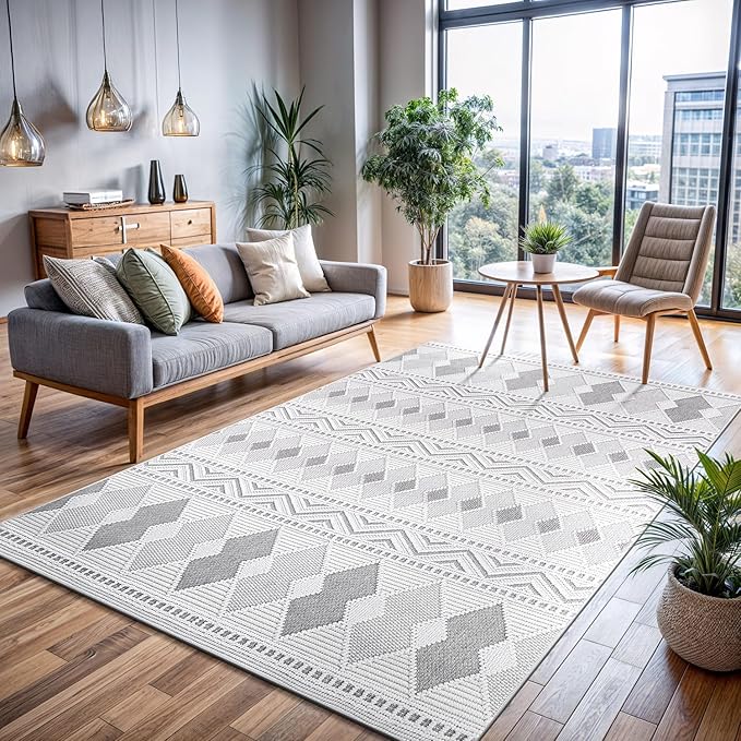 CAMILSON Micro Loop Rug 5x7 Modern Luxury Geometric Boho Diamond Area Rugs Soft High and Low Pile Stain Resistant Easy-Cleaning Non-Shedding for Living Room Office Indoor Carpet (5 x 7 / White - Gray)