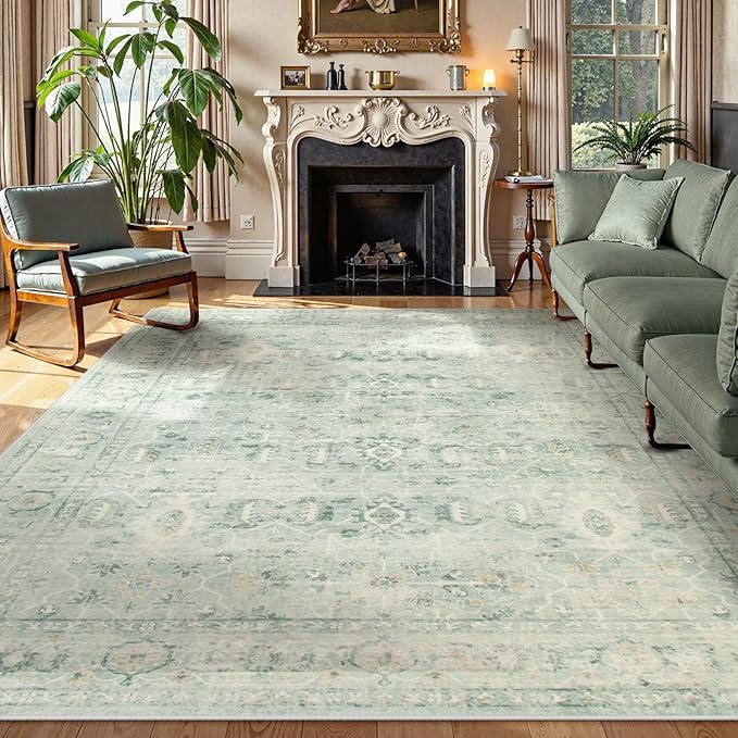 Lahome Vintage 8x10 Washable Green Rugs for Living Room Bedroom, Boho Dining Room Rugs for Under Table, Soft Non Slip Indoor Throw Carpet for Home Office Playroom (8x10ft,Light Green)