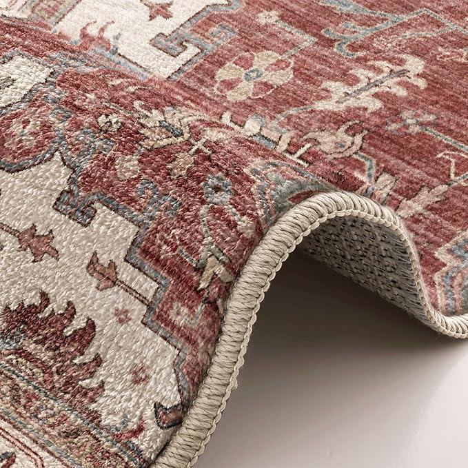 LUMI 4x6 Washable Area Rug for Living Room, Ultra Soft Traditional Vintage Red Rugs Non Slip with Rubber Backing, Low Profile, High Traffic, Stain Resistant Carpets, Ideal for Bedroom, Dining Room