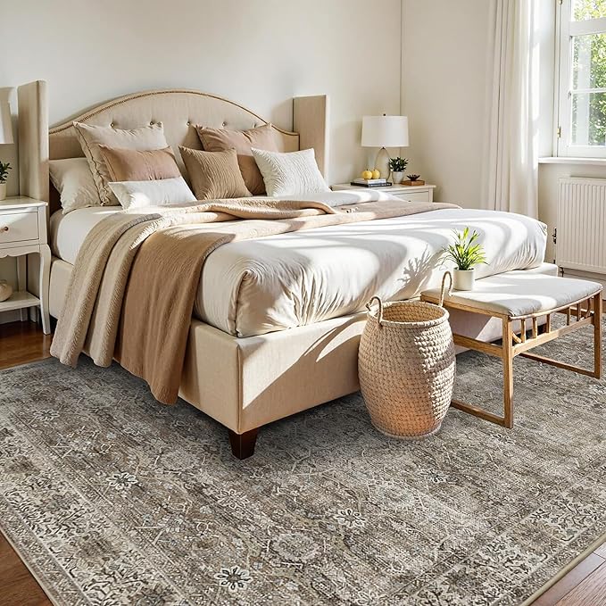 6x9 Washable Rug for Living Room Large Vintage Distressed Bedroom Rug Low Pile Non-Slip Soft Boho Carpets for Bedroom Dining Room Home Office Indoor Nursery Antique/Moss