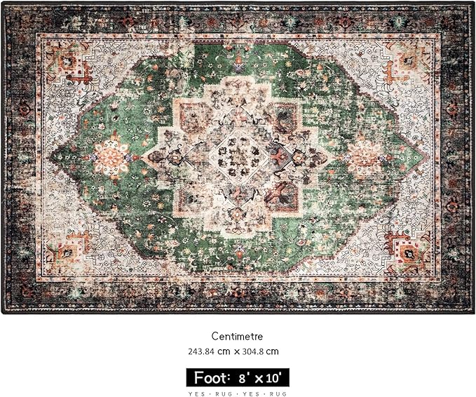 8x10 Area Rug - Green Boho Washable Vintage Low Pile Non-Slip Large Rug for Living Room, Bedroom & Dining Room
