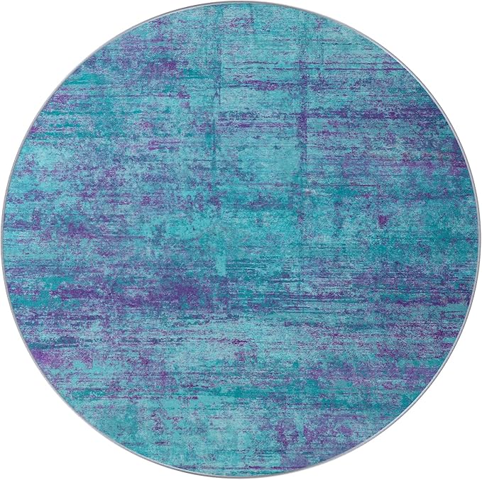 Round 5ft Abstract Rug, Modern Washable Indoor Circle Area Rugs for Living Room, Soft Circular Non-Slip Carpet Floor Mat for Entryway Dining Room Home Office - Teal+Purple