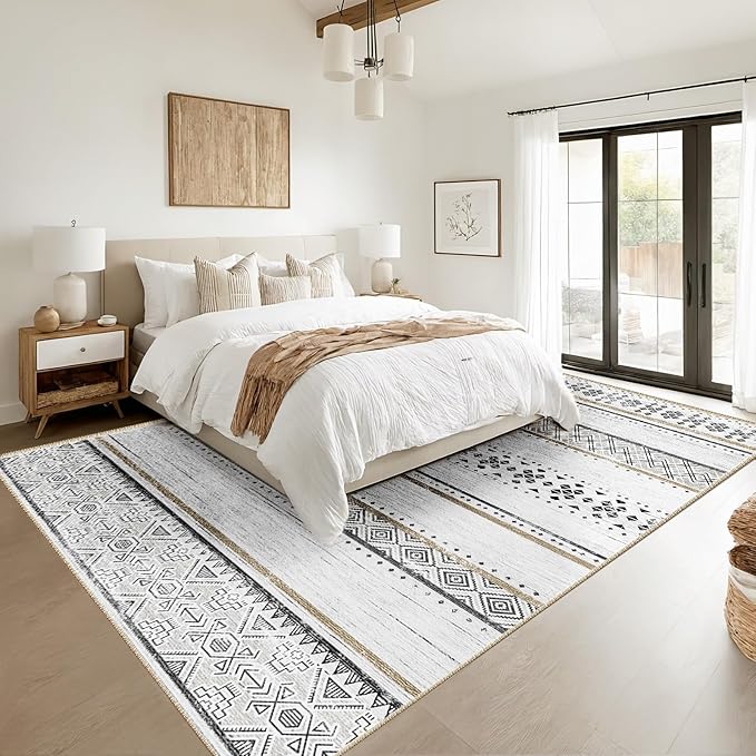BESTSWEETIE 5x7 Area Rugs for Living Room Washable Moroccan Farmhouse Neutral Geometric Low Pile Non-Slip Soft Print Pattern Rug for Bedroom Kitchen Dining Room Entryway Black/Brown