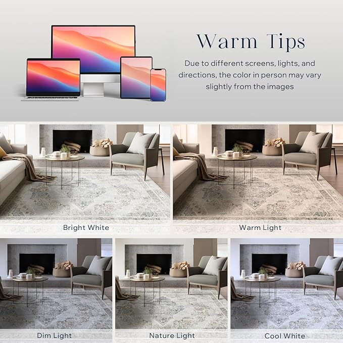 Phantoscope Washable Area Rug 9'x12' Non-Slip, Vintage Neutral Rugs for Living Room, Bedroom, Dining Room, Distressed Boho Medallion Pattern, Low-Pile Foldable Floor Carpet, Silver Grey/Taupe
