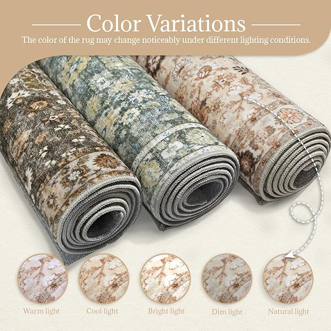 6x9 Washable Rug Vintage Fade Resistant Boho Distressed Non-Slip Indoor Large Carpet Low Pile Lightweight & High-Traffic Safe for Bedroom, Dorm, Playroom - Farmhouse Decor