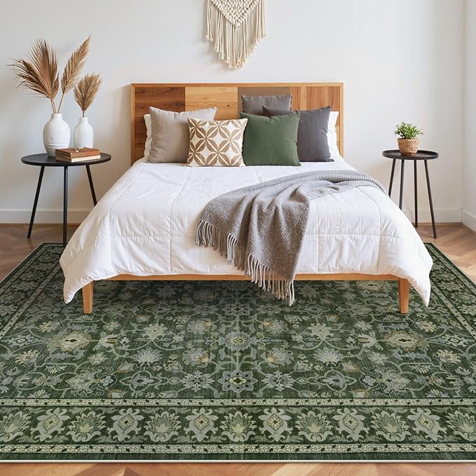 LIVEBOX Washable Area Rug 8x10 - Large Green Boho Living Room Rug Vintage Rugs for Bedroom, Non-Slip Retro Floral Carpet Print Distressed Accent Rugs for Dining Room Home Office