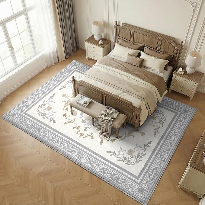 SOULFUL Medium Pile 8x10 Rugs for Living Room - Cozy Soft Underfoot Large Area Rug - Light Taupe Boho Floral - Washable Non-Slip - Perfect for Bedroom Kids Room Under Dining Table Office