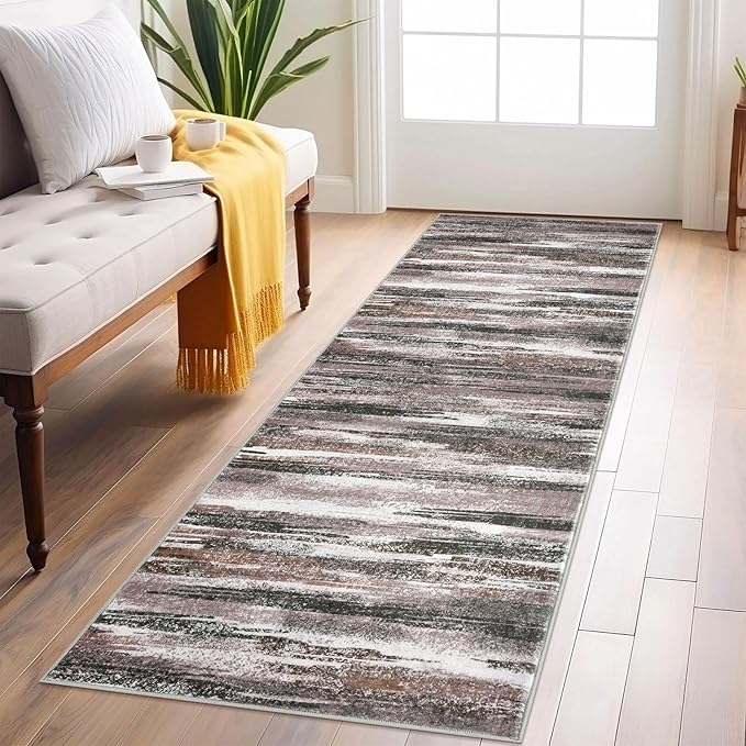Modern Abstract Runner Rug 2x6, Dark Light Brown White Washable Kitchen Runner Non-Slip Soft Hallway Rug Runner Thin Print Faux Wool Carpet for Entryway Bedroom Laundry Room Indoor Home Decor