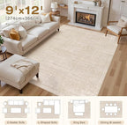Area Rugs 9x12 Living Room: Washable Large Vintage Beige Rug Neutral Non-Slip Soft Stain Resistant Indoor Carpet for Bedroom Nursery Dining Room Under Table Bed Home House Office Playroom