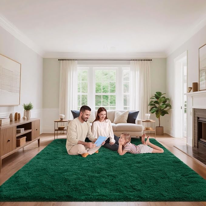 Dark Green Area Rugs 9x12 Living Room Bedroom, Fluffy Large Rug Soft Shag Non-Slip Carpet for Kids Boys and Girls Room Dorm Home Decor (9ft x 12ft)