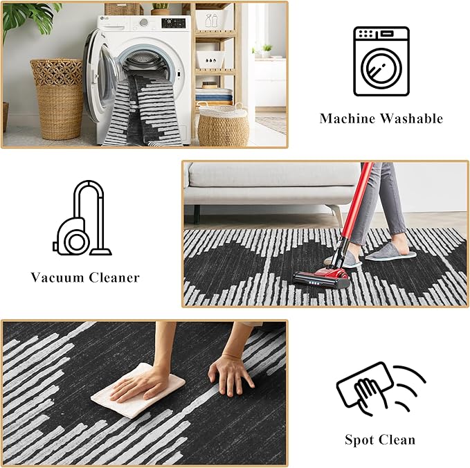 HelloTree Area Rug for Living Room 9x12 Washable Geometric Moroccan Rug Stripe Farmhouse Bohemian Minimalistic Non Slip Non Shedding Ultra Thin Soft Rug for Bedroom Office DiningRoom Nursery-Black