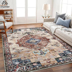 6x9 Washable Area Rug Boho Medallion Distressed Design Non-Shedding Easy Care Ideal for High Traffic Areas in Rugs for Living Room Bedroom Office Kitchen Large Carpet