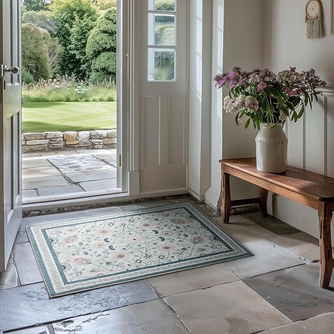 EVERGRACE Area Rugs for Entryway 2x3, Boho Floral Faux Wool Indoor Outdoor Small Rugs, Washable Rugs for Bedroom Bathroom Laundry Doormat, Low Pile Floor Mat Carpet for Home Decor, Pale Blue