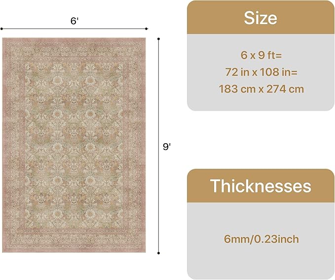 Bavni Vintage Floral Rugs 6x9, Washable Area Rug with Non Slip Backing, Low Pile for Living Room, Nursery,Bedroom & Home Decor, Lightweight Carpet, Brown Pink