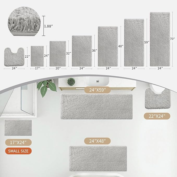 Gray Bathroom Runner Rug 24x59 Non Slip Fluffy Long Bath Mat for Bathroom Floor Washable Plush Luxury Bath Rug for Tub Absorbent Shower Sink Mat Bedside Rug