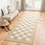 Vasofe 2x6 Runner Rug for Hallway, Washable Checkered Jute Rugs, Outdoor Indoor Patio Porch Balcony Bedroom Kitchen Laundry Geometric Mat, Non Slip Plaid Farmhouse Design Carpet, Khaki and White