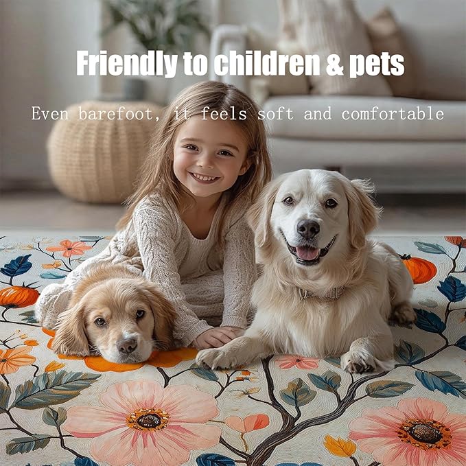 9x12 Colorful Flower Area Rugs, Floral Vintage Large Rugs, Floral Rugs, Botanical Rug, Washable Boho Botanical Non Slip Carpet for Living Room, Bedroom, Kids Room
