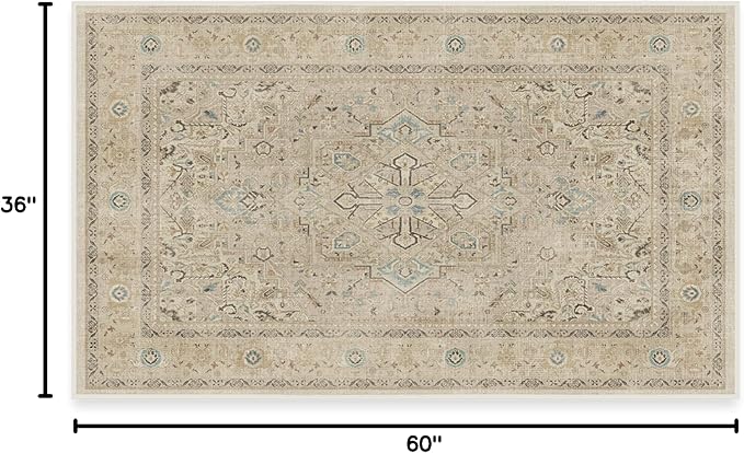 RUGGABLE Washable Vintage Area Rug – Kamran Ivory Opal 3x5, Stain-Resistant, Non-Slip – Small Machine Washable Rugs for Living Room, Bedroom, Hallway, Entryway & Office–with Standard Pad