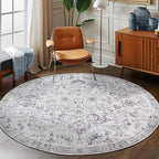 jinchan Kalen Round Rug 8ft Area Rug Washable Vintage Indoor Retro Floor Cover Distressed Gray Floral 8' Round Circle Boho Non Slip Thin Carpet for Living Room Dining Room Bedroom Kitchen Grey
