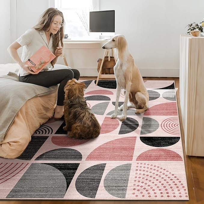 MUJOO Pink Washable Rugs 9x12,Boho Area Rugs for Living Room Bedroom Dining Room,Large Throw Floor Carpet Non Slip Soft Modern Abstract Pink and Grey