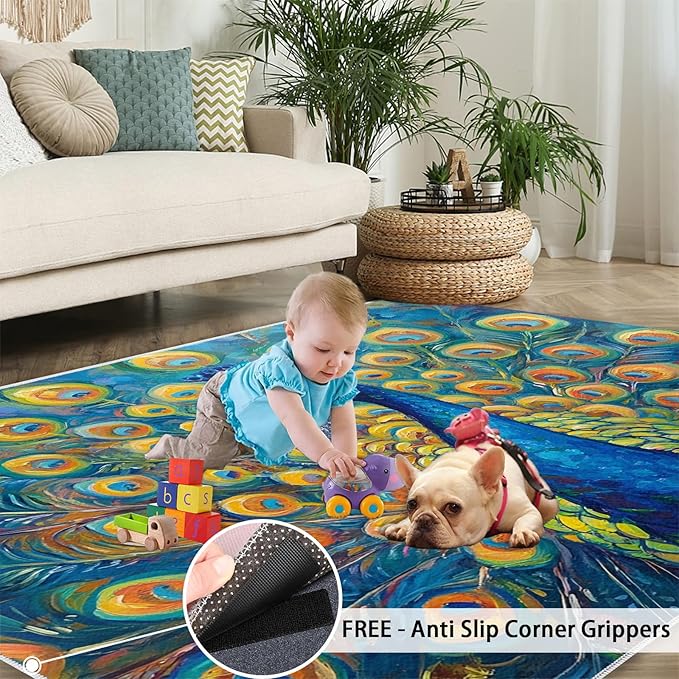 Peacock Area Rug 3x5-3x5 Rug, Wonderful Peacock Rugs for Living Room, Teal Turquoise Carpet, Peafowl Washable Area Rugs for Bedroom, Aesthetics Carpet - Peafowl Home Decor & Gifts