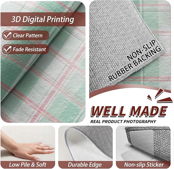 Plaid Rug 3x5 - Mint Green Tartan Gingham Rugs for Bedroom Non Slip Low Pile Machine Washable Area Rugs for Living Room Kitchen, Plaid Carpet House Decor & Gifts