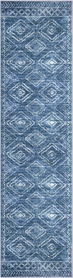 KILOCOCO Hallway Runner Rug 3'x12' Runners for Hallways Washable Runner Rug Soft Non Slip Printed Geometric Runner Low-Pile Rug Runner for Bedroom Kitchen Living Room, Stonewashed Blue