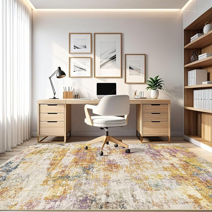 9x12 Area Rugs Living Room: Machine Washable Large Abstract Modern Soft Rug Stain Resistant Indoor Floor Non Slip Accent Carpet for Bedroom Nursery Playroom Office Dining Room Dorm- Gold Colorful