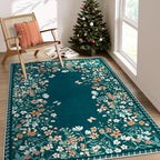 Wonnitar Washable 5x7 Floral Rugs for Living Room, Non-Slip Soft Bedroom Rug, Vintage Low Pile Dining Room Teal Green Area Rug Floor Carpet for Mud Room (Teal Green,5'x7')