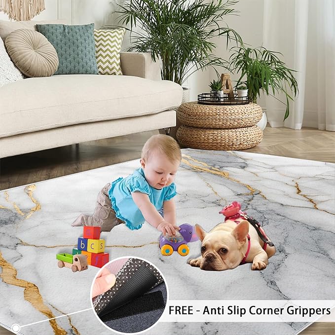 5x7 Abstract Marble Rugs for Bedroom - White-Marble Print Rug, Modern Luxury Rug Non Slip Soft Rugs for Living Room Hardwood Floors Teen Room