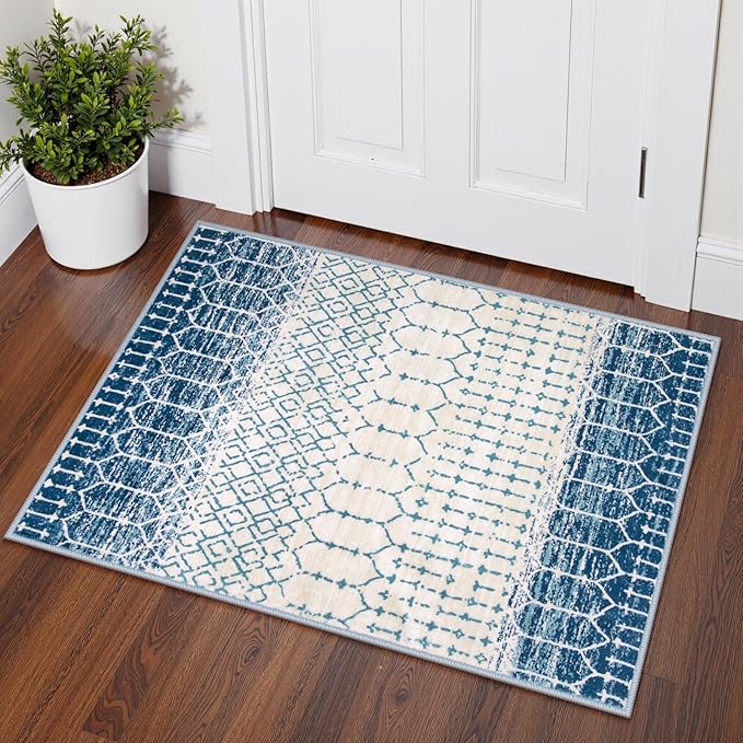 Lahome Moroccan Entryway Rugs Indoor 2x3 Area Rug Blue Non-Slip Backing Washable Indoor Mats for Entryway Low-Profile Throw Soft Rugs for Bathroom, Geometric Print Door Rug for Kitchen Bedside
