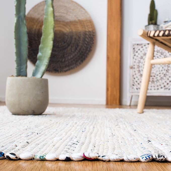 SAFAVIEH Rag Rug Collection Area Rug - 8' Square, Ivory & Multi, Handmade Boho Stripe Cotton, Ideal for High Traffic Areas in Living Room, Bedroom (RAR121G)