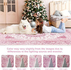 Bright Pink Area Rug for Living Room, 6x9 Machine Washable Rugs with Non-Slip Backing for Girls Bedroom, Large Vintage Carpet for Kitchen Laundry Kids Room