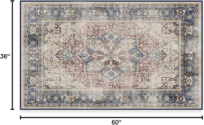 RUGGABLE Washable Vintage Area Rug – Kamran Royal Blue 3x5, Stain-Resistant, Non-Slip – Small Machine Washable Rugs for Living Room, Bedroom, Hallway, Entryway & Office–with Cushioned Pad