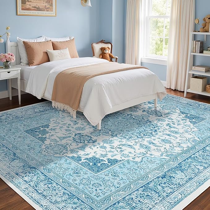 8x10 Area Rug for Bedroom, Machine Washable Rugs with Non-Slip Backing for Living Room, Large Vintage Carpet Kitchen Laundry Kids Room Decor, Celestial Blue