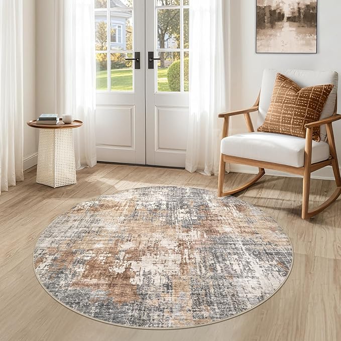 4ft Round Area Rug Living Room Rugs - 4x4 Washable Large Soft Indoor Neutral Modern Abstract Low Pile Rug Carpet for Bedroom Dining Room Farmhouse Home Office - Grey Brown