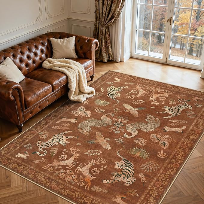 Moynesa Orange 8x10 Living Room Rugs, Vintage Peacock Floral Washable Area Rugs for Bedroom Dining Room Office Study, Low Pile Soft Non-Slip Easy Care Carpets for Fall Winter Home Decor