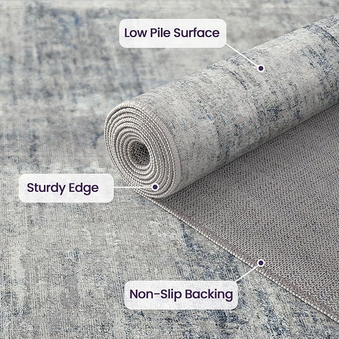 DEXI 4x6 Area Rug for Living Room, Modern Abstract Thin Washable Rug Indoor Floor, Non Slip Stain Resistant Low Pile Carpet for Dining Room Bedroom Office, Blue