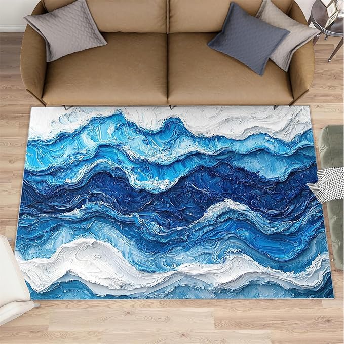 4x6 Ocean Waves Cafe Rug - Abstract Waves Rugs for Bedroom Aesthetic, Abstract Art Soft Comfortable Non-Slip for Offie Bedroom Study Boy Girl Room Hotel Dorm